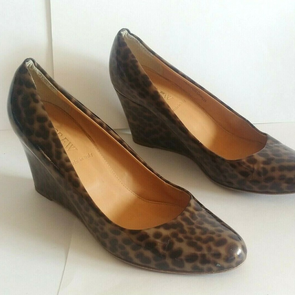 J. Crew Martina Leopard Print Patent Wedge Heels